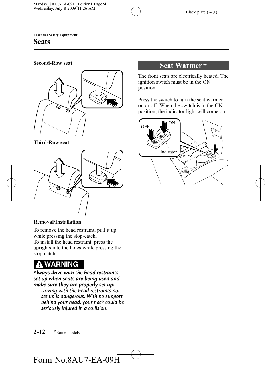Seat warmer, Form no.8au7-ea-09h, Seats | Warning | Mazda 2010 5 User Manual | Page 24 / 388