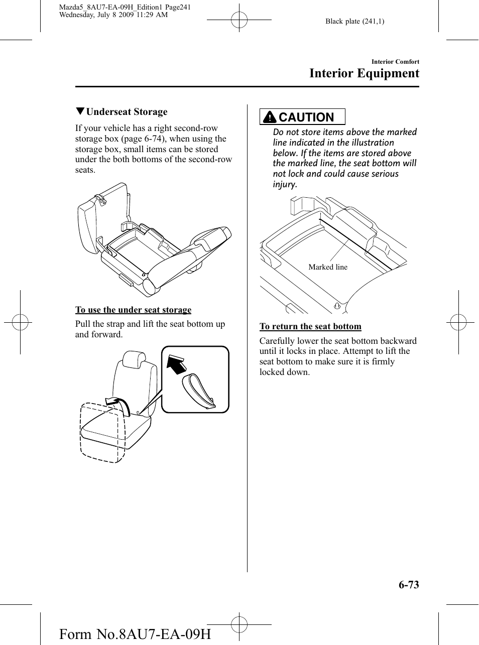 Form no.8au7-ea-09h, Interior equipment, Caution | Mazda 2010 5 User Manual | Page 241 / 388