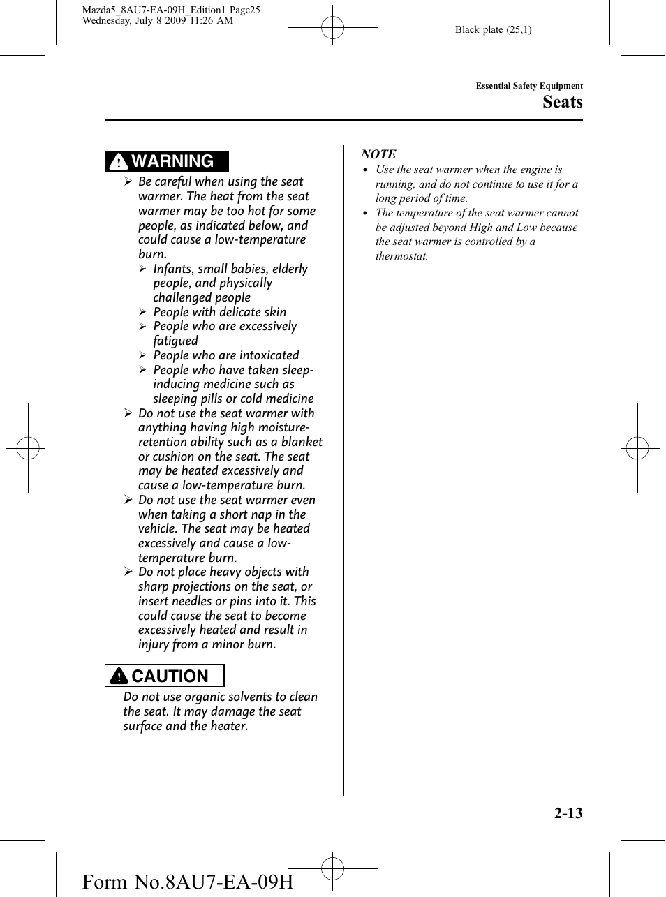 Form no.8au7-ea-09h, Seats, Warning | Caution | Mazda 2010 5 User Manual | Page 25 / 388