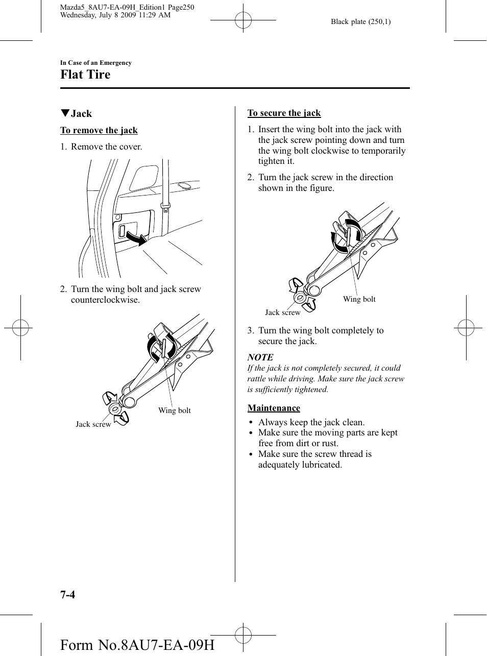 Form no.8au7-ea-09h, Flat tire | Mazda 2010 5 User Manual | Page 250 / 388