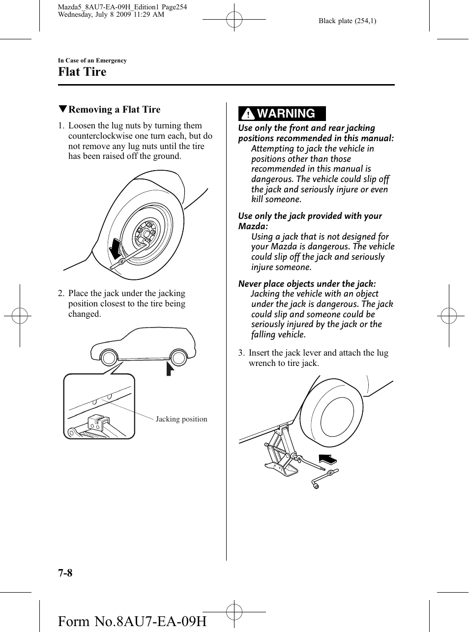 Form no.8au7-ea-09h, Flat tire, Warning | Mazda 2010 5 User Manual | Page 254 / 388