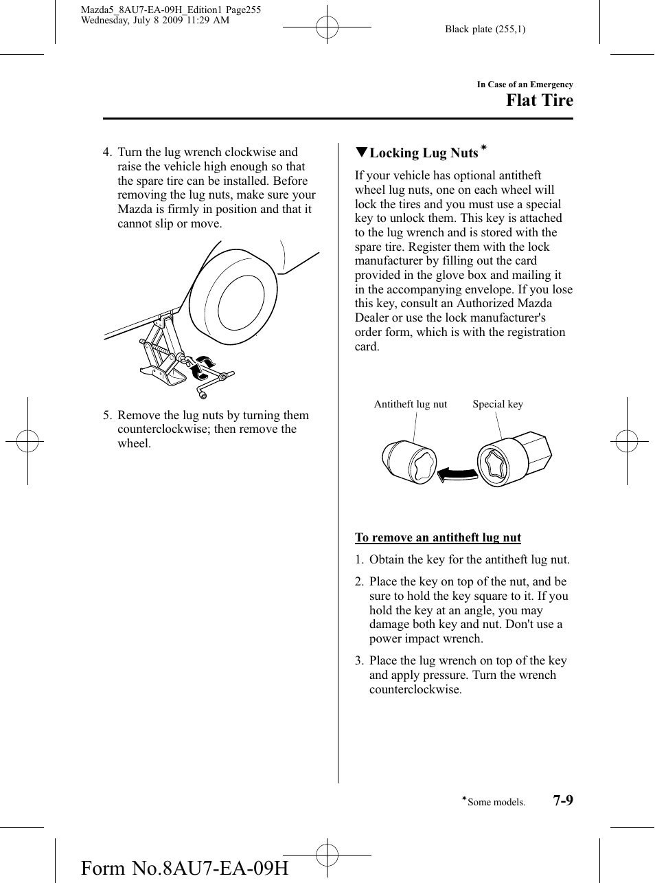 Form no.8au7-ea-09h, Flat tire | Mazda 2010 5 User Manual | Page 255 / 388