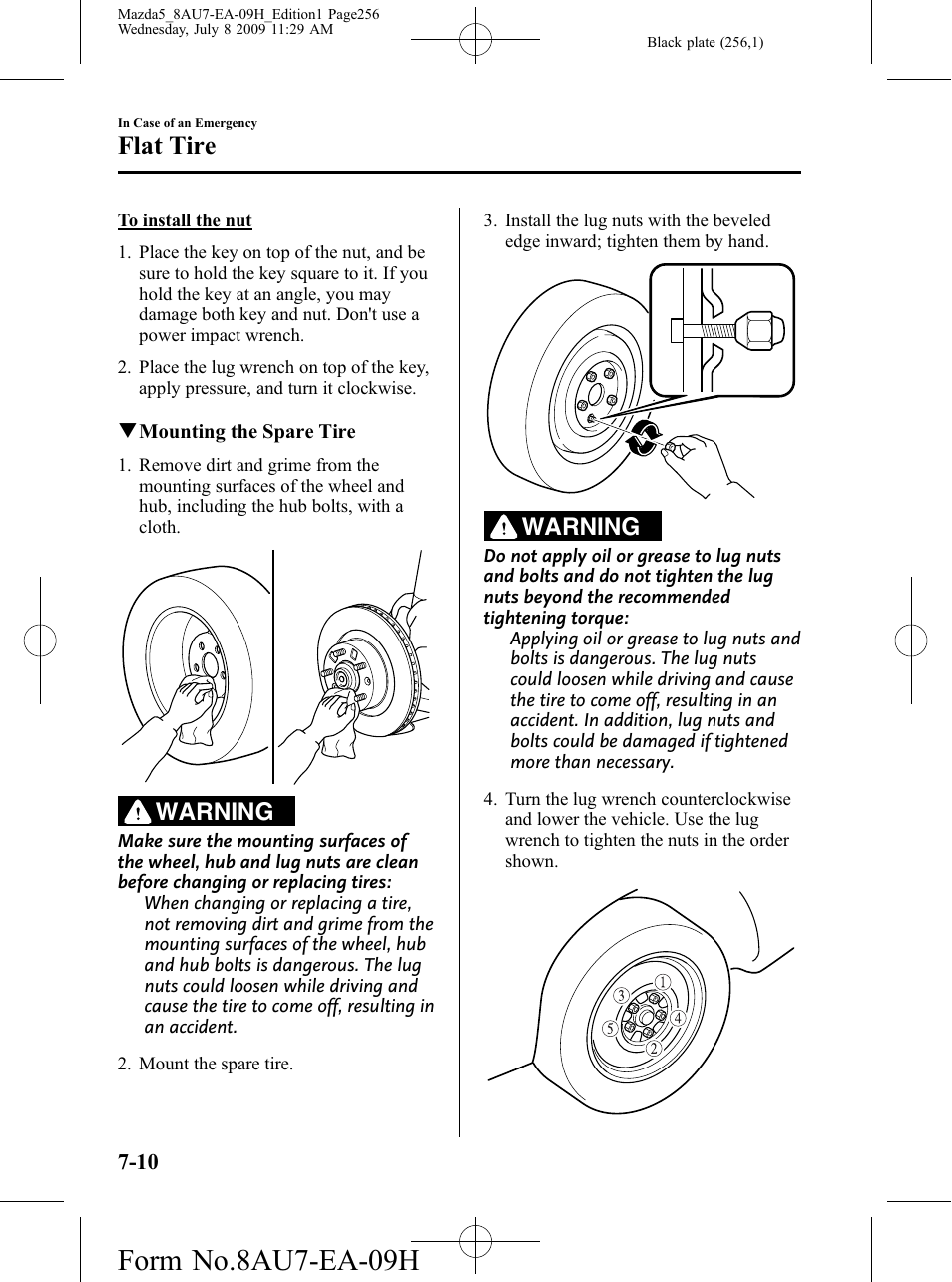 Form no.8au7-ea-09h, Flat tire, Warning | Mazda 2010 5 User Manual | Page 256 / 388