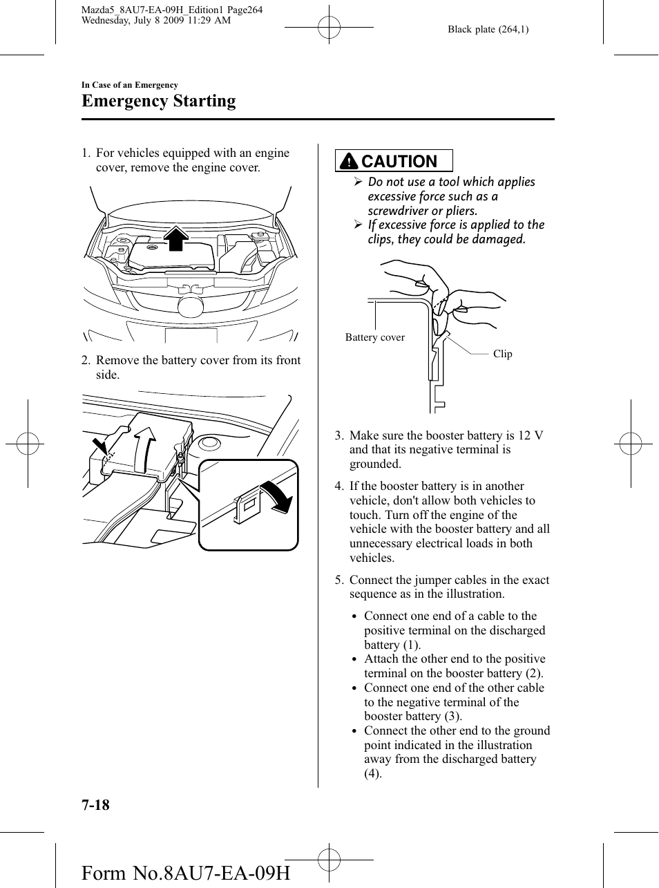 Form no.8au7-ea-09h, Emergency starting, Caution | Mazda 2010 5 User Manual | Page 264 / 388