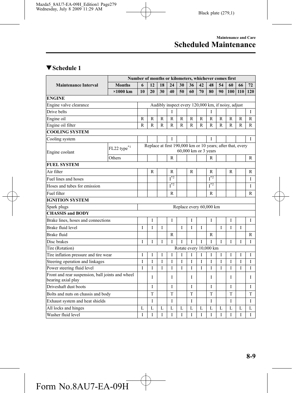Form no.8au7-ea-09h, Scheduled maintenance, Qschedule 1 | Mazda 2010 5 User Manual | Page 279 / 388