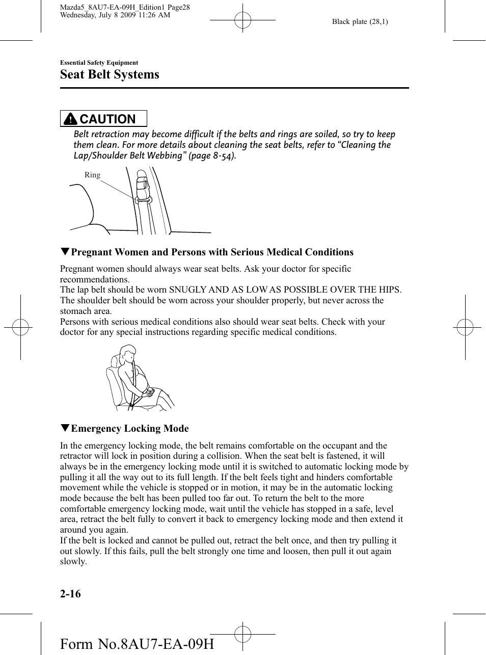 Form no.8au7-ea-09h, Seat belt systems, Caution | Mazda 2010 5 User Manual | Page 28 / 388