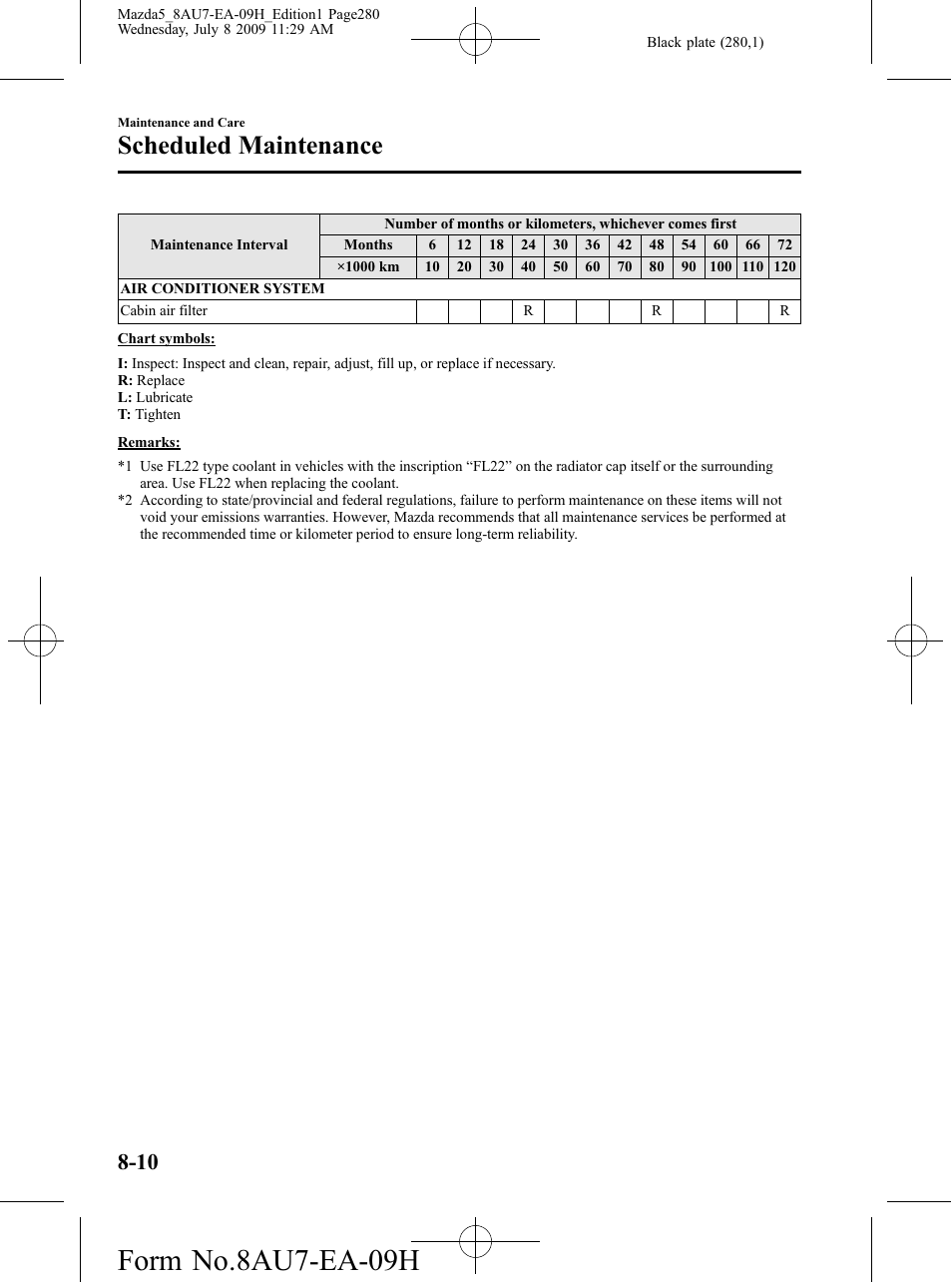 Form no.8au7-ea-09h, Scheduled maintenance | Mazda 2010 5 User Manual | Page 280 / 388