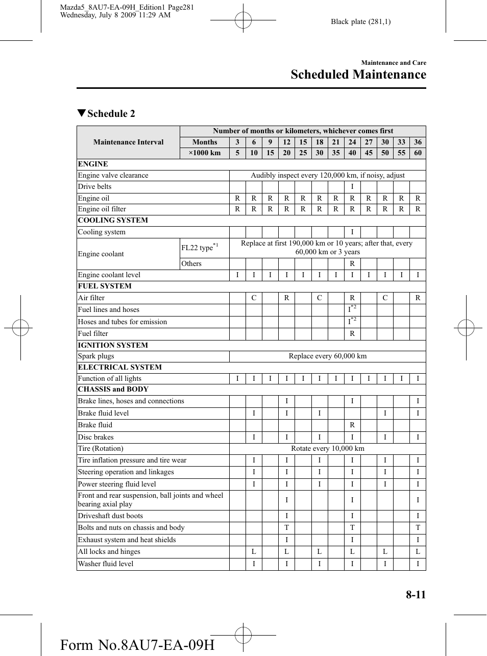 Form no.8au7-ea-09h, Scheduled maintenance, Qschedule 2 | Mazda 2010 5 User Manual | Page 281 / 388