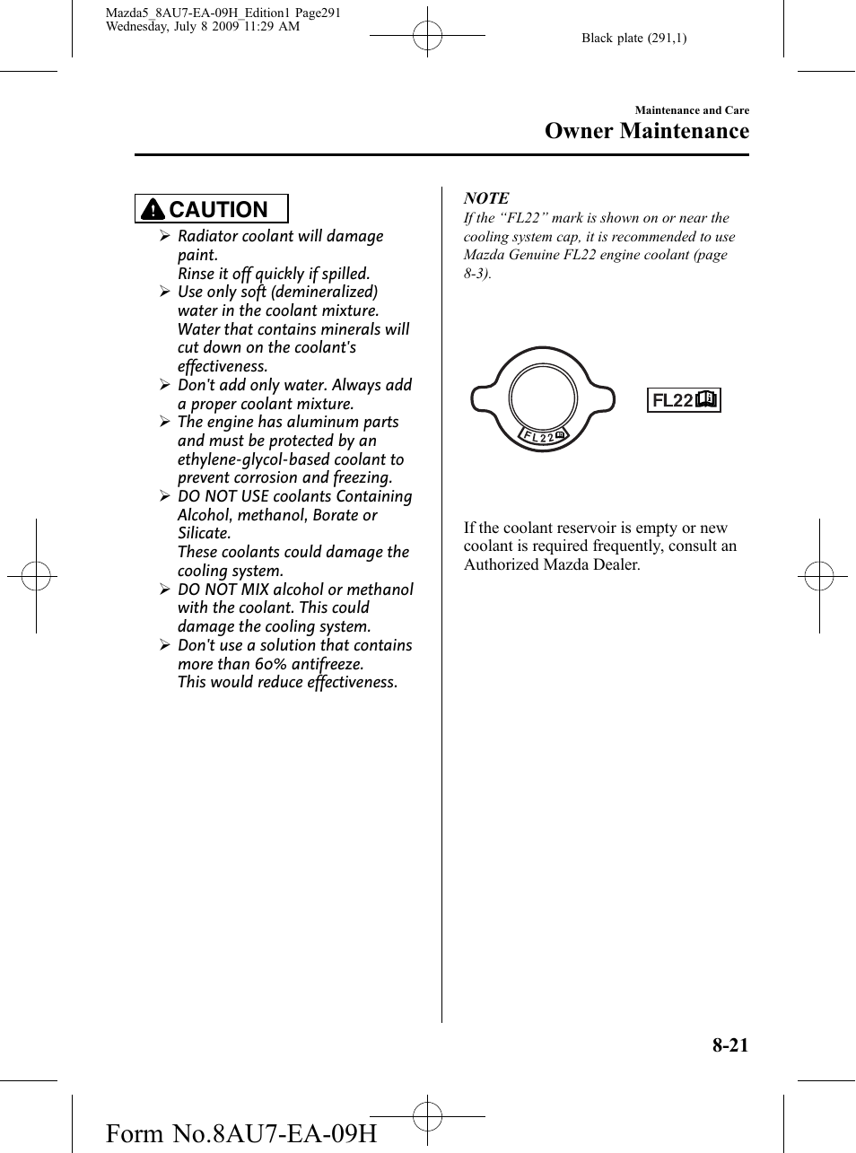 Form no.8au7-ea-09h, Owner maintenance, Caution | Mazda 2010 5 User Manual | Page 291 / 388