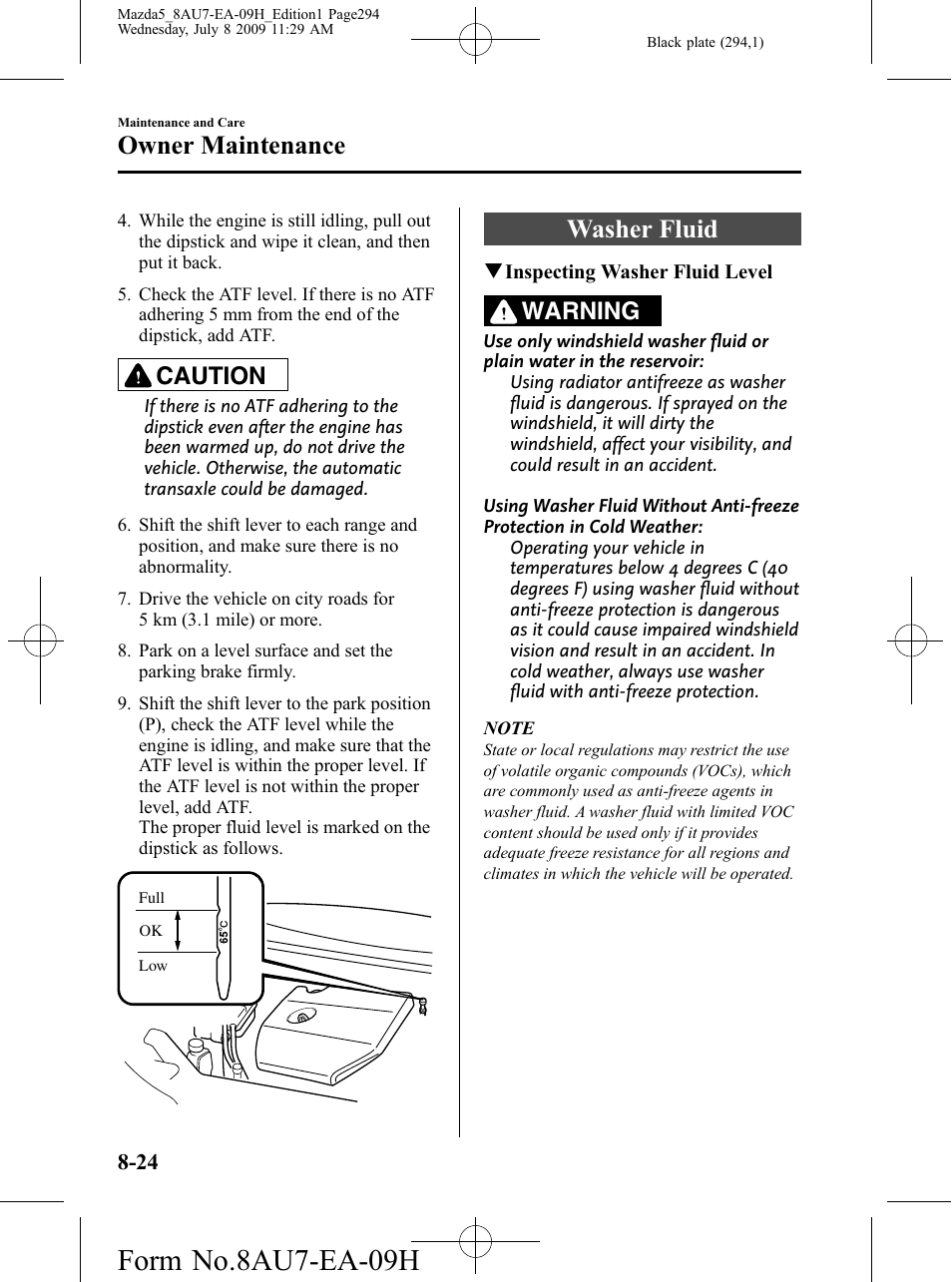 Washer fluid, Washer fluid -24, Form no.8au7-ea-09h | Owner maintenance, Caution, Warning | Mazda 2010 5 User Manual | Page 294 / 388
