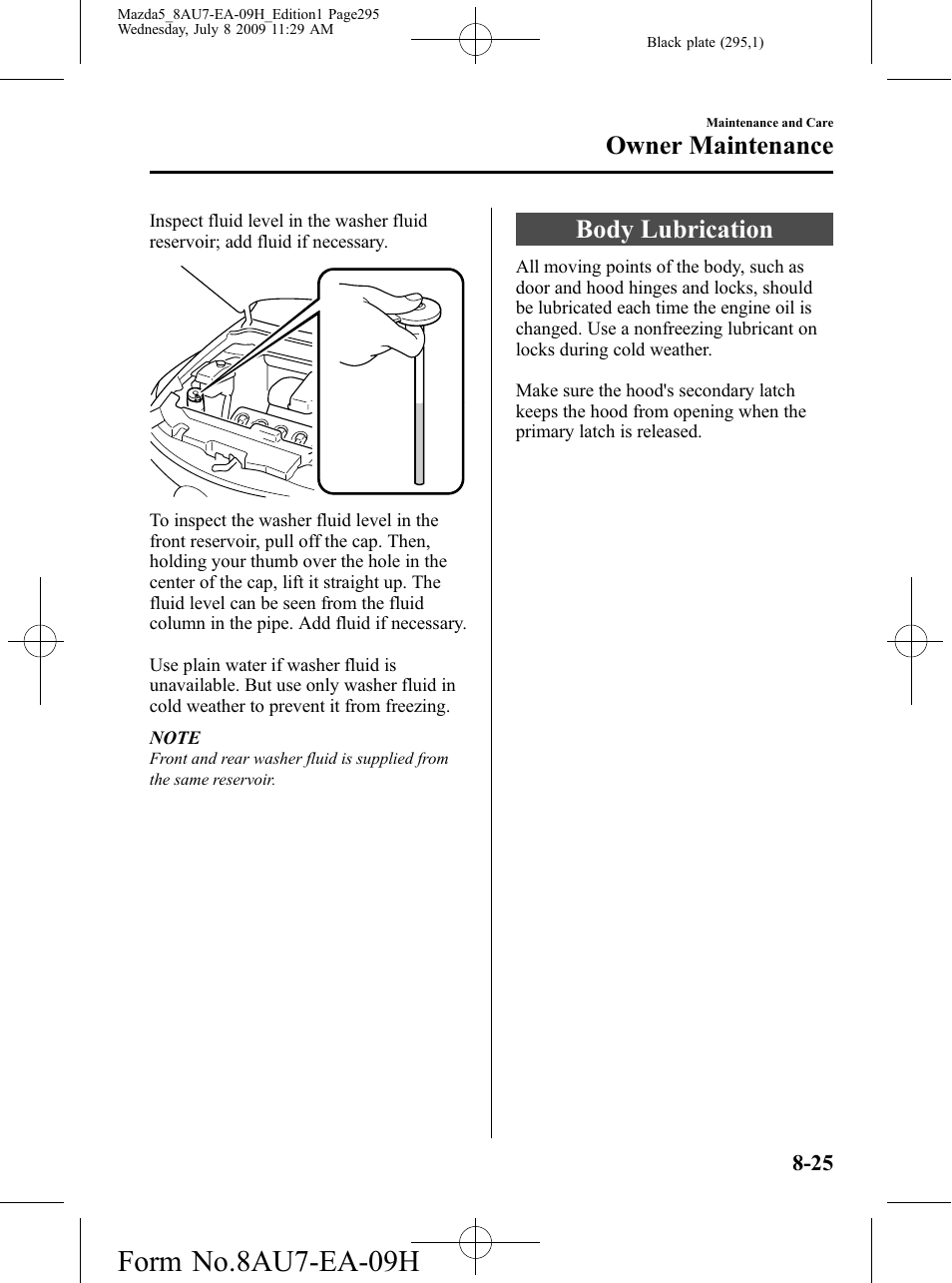 Body lubrication, Body lubrication -25, Form no.8au7-ea-09h | Owner maintenance | Mazda 2010 5 User Manual | Page 295 / 388
