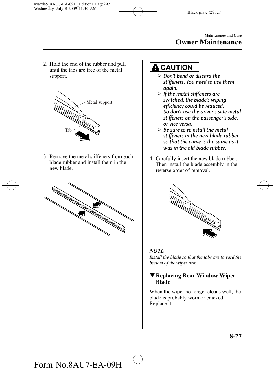 Form no.8au7-ea-09h, Owner maintenance, Caution | Mazda 2010 5 User Manual | Page 297 / 388