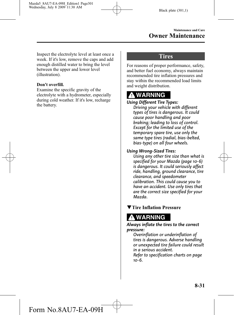 Tires, Tires -31, Form no.8au7-ea-09h | Owner maintenance, Warning | Mazda 2010 5 User Manual | Page 301 / 388