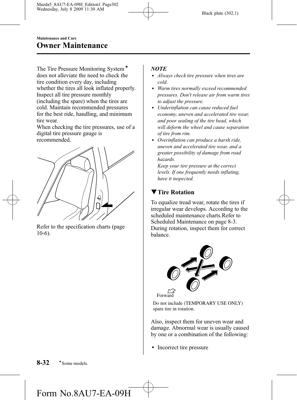 Form no.8au7-ea-09h, Owner maintenance, Qtire rotation | Mazda 2010 5 User Manual | Page 302 / 388