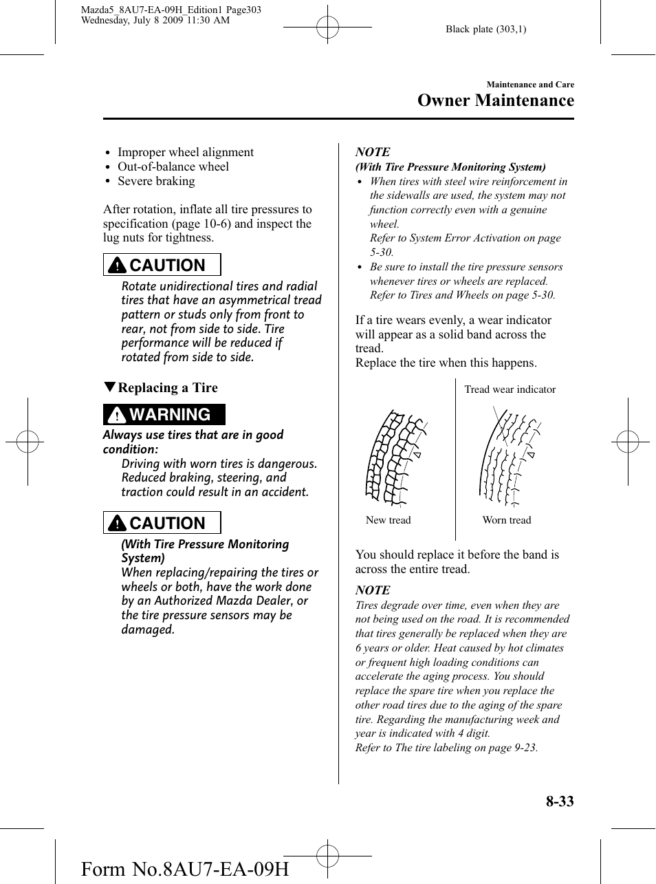 Form no.8au7-ea-09h, Owner maintenance, Caution | Warning | Mazda 2010 5 User Manual | Page 303 / 388