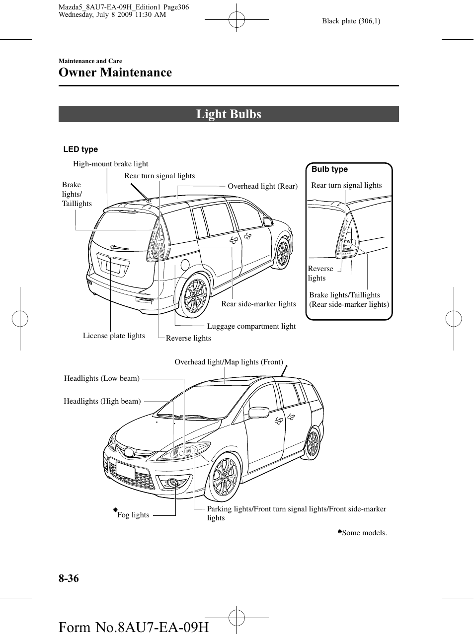 Light bulbs, Light bulbs -36, Form no.8au7-ea-09h | Owner maintenance | Mazda 2010 5 User Manual | Page 306 / 388