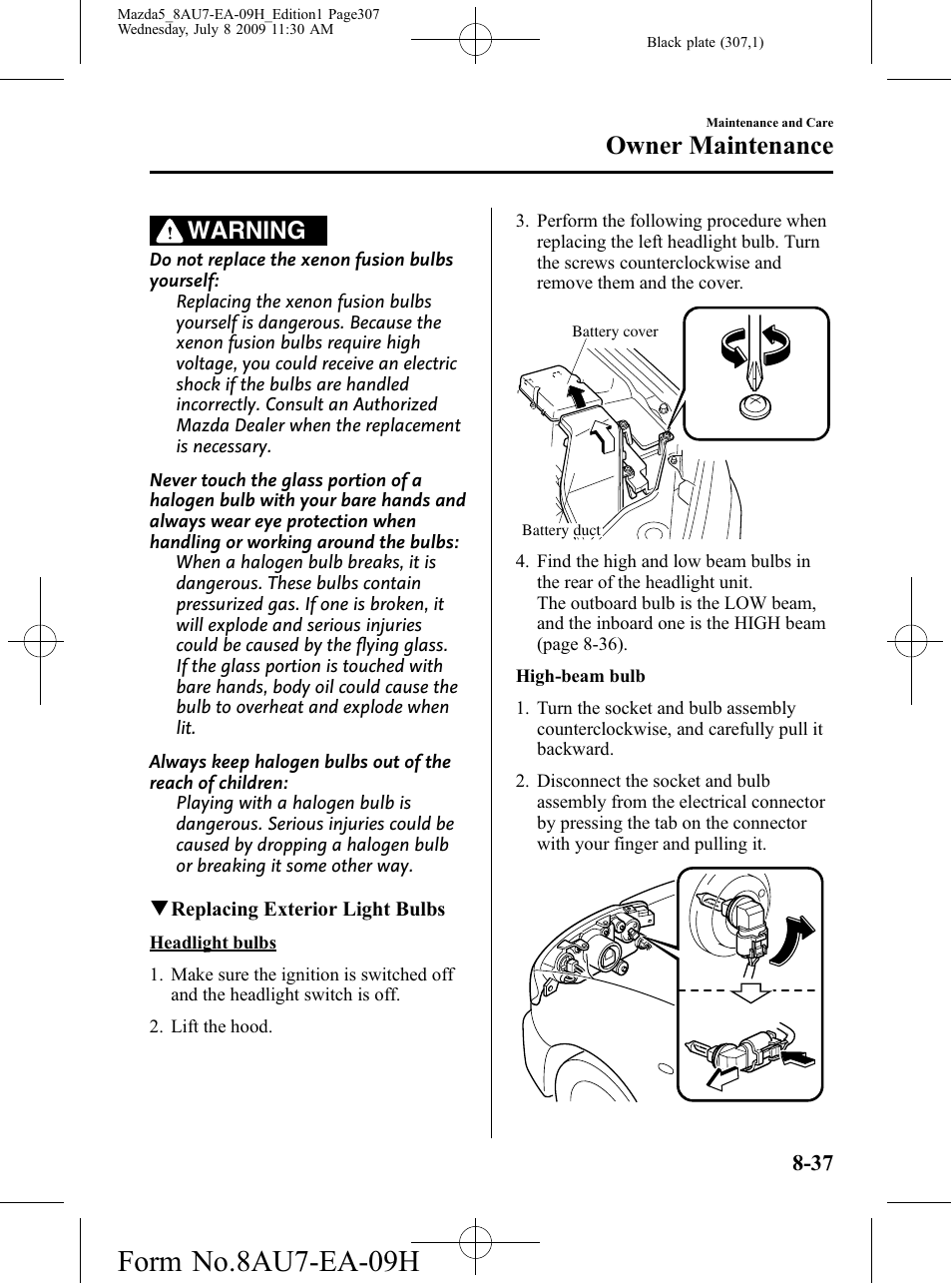 Form no.8au7-ea-09h, Owner maintenance, Warning | Mazda 2010 5 User Manual | Page 307 / 388