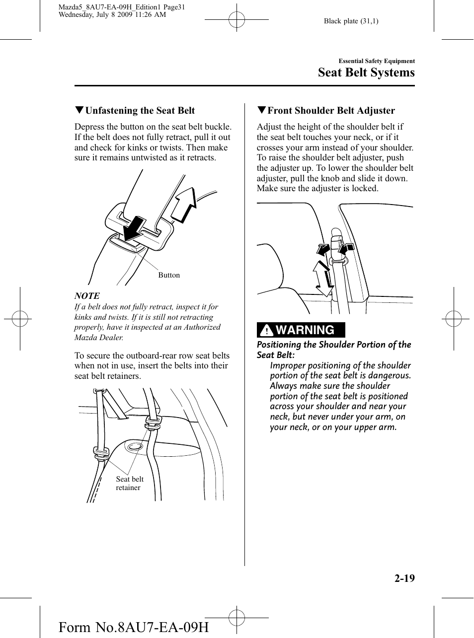 Form no.8au7-ea-09h, Seat belt systems, Warning | Mazda 2010 5 User Manual | Page 31 / 388