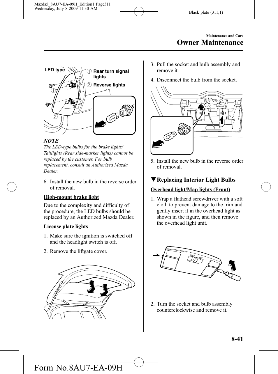 Form no.8au7-ea-09h, Owner maintenance | Mazda 2010 5 User Manual | Page 311 / 388