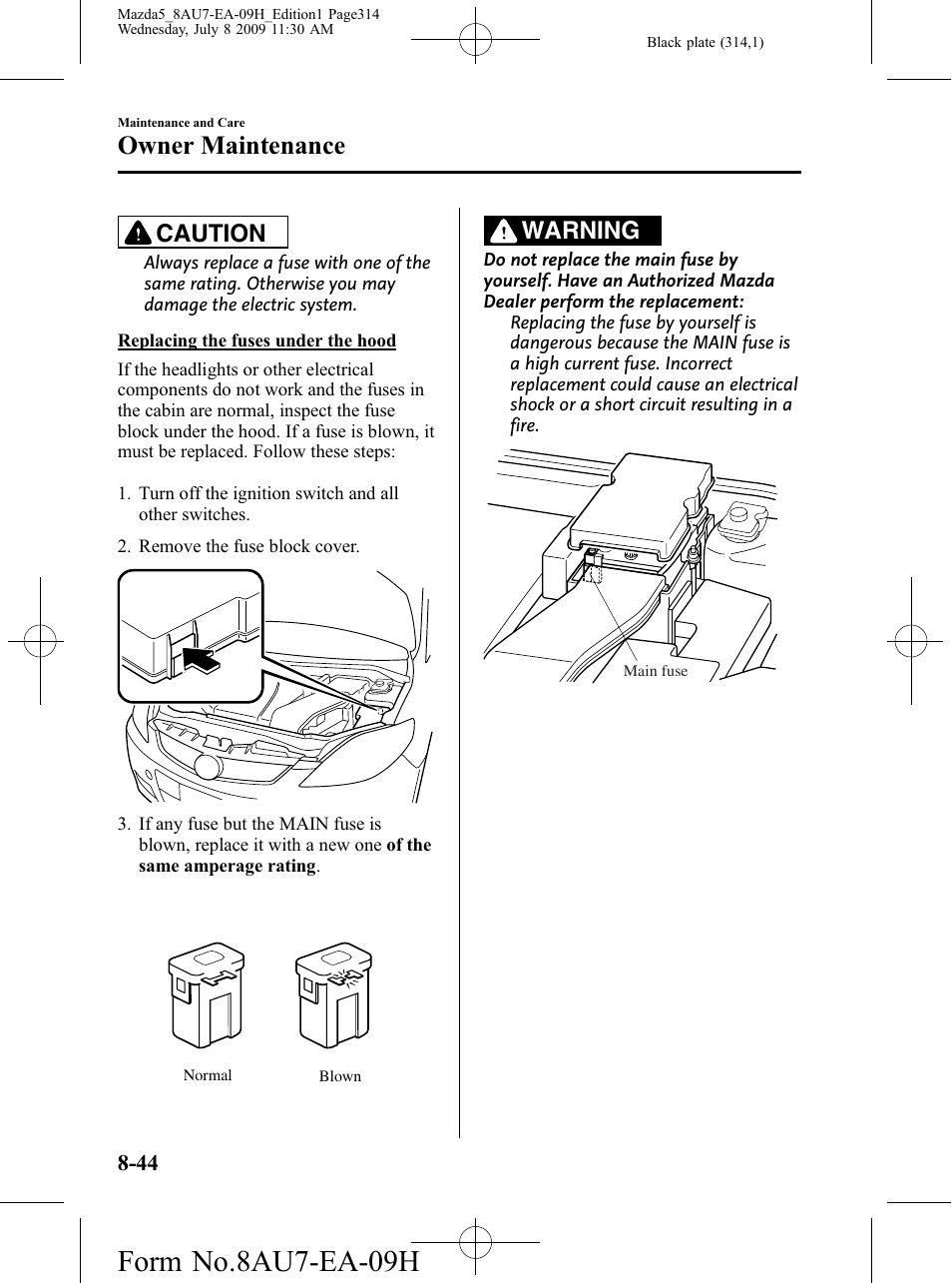 Form no.8au7-ea-09h, Owner maintenance, Caution | Warning | Mazda 2010 5 User Manual | Page 314 / 388
