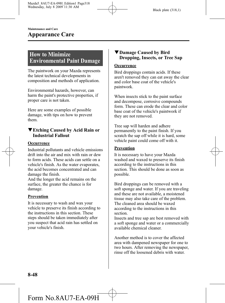 Appearance care, How to minimize environmental paint damage, Appearance care -48 | How to minimize environmental paint damage -48, Form no.8au7-ea-09h | Mazda 2010 5 User Manual | Page 318 / 388