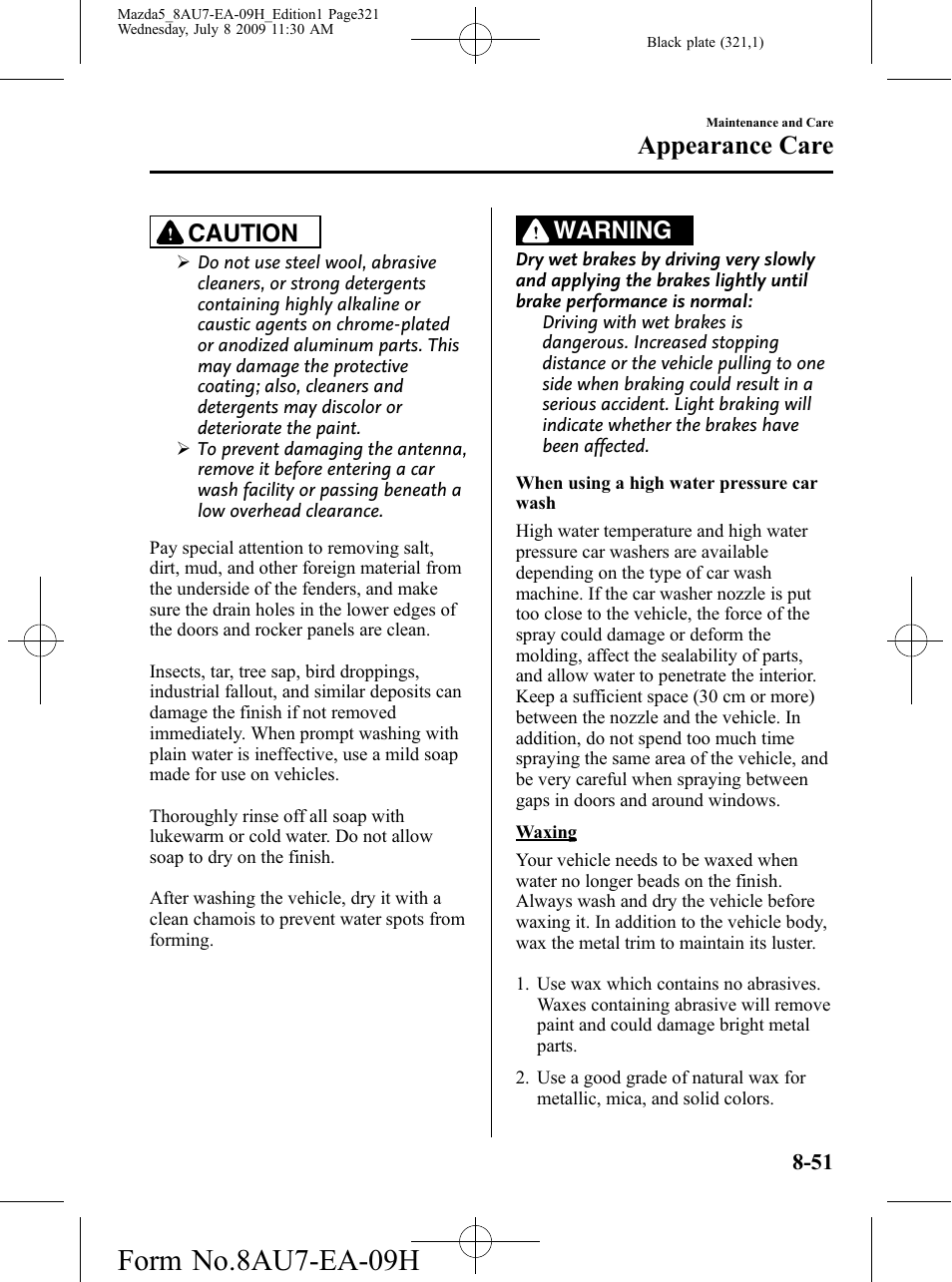 Form no.8au7-ea-09h, Appearance care, Caution | Warning | Mazda 2010 5 User Manual | Page 321 / 388