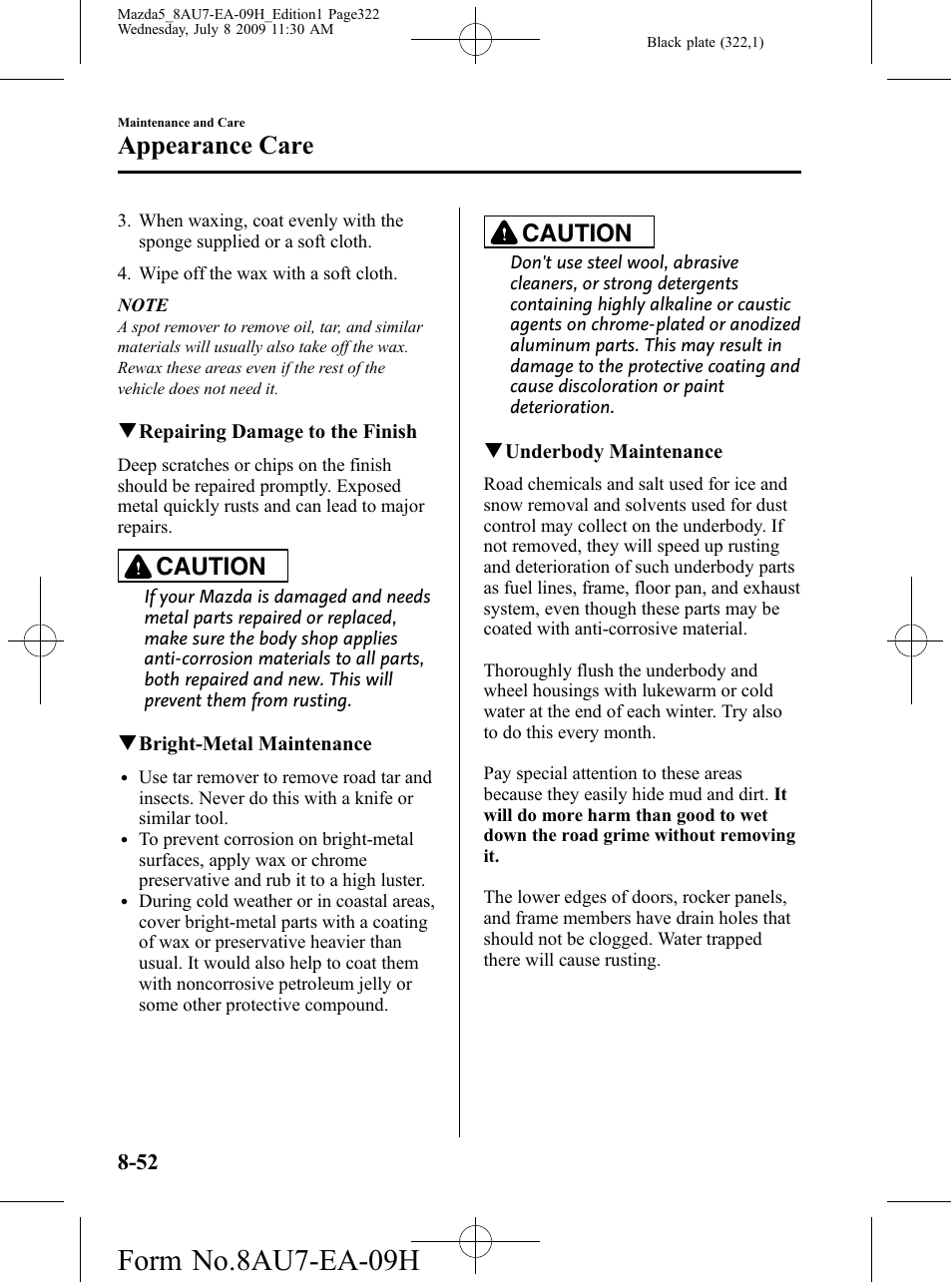 Form no.8au7-ea-09h, Appearance care, Caution | Mazda 2010 5 User Manual | Page 322 / 388