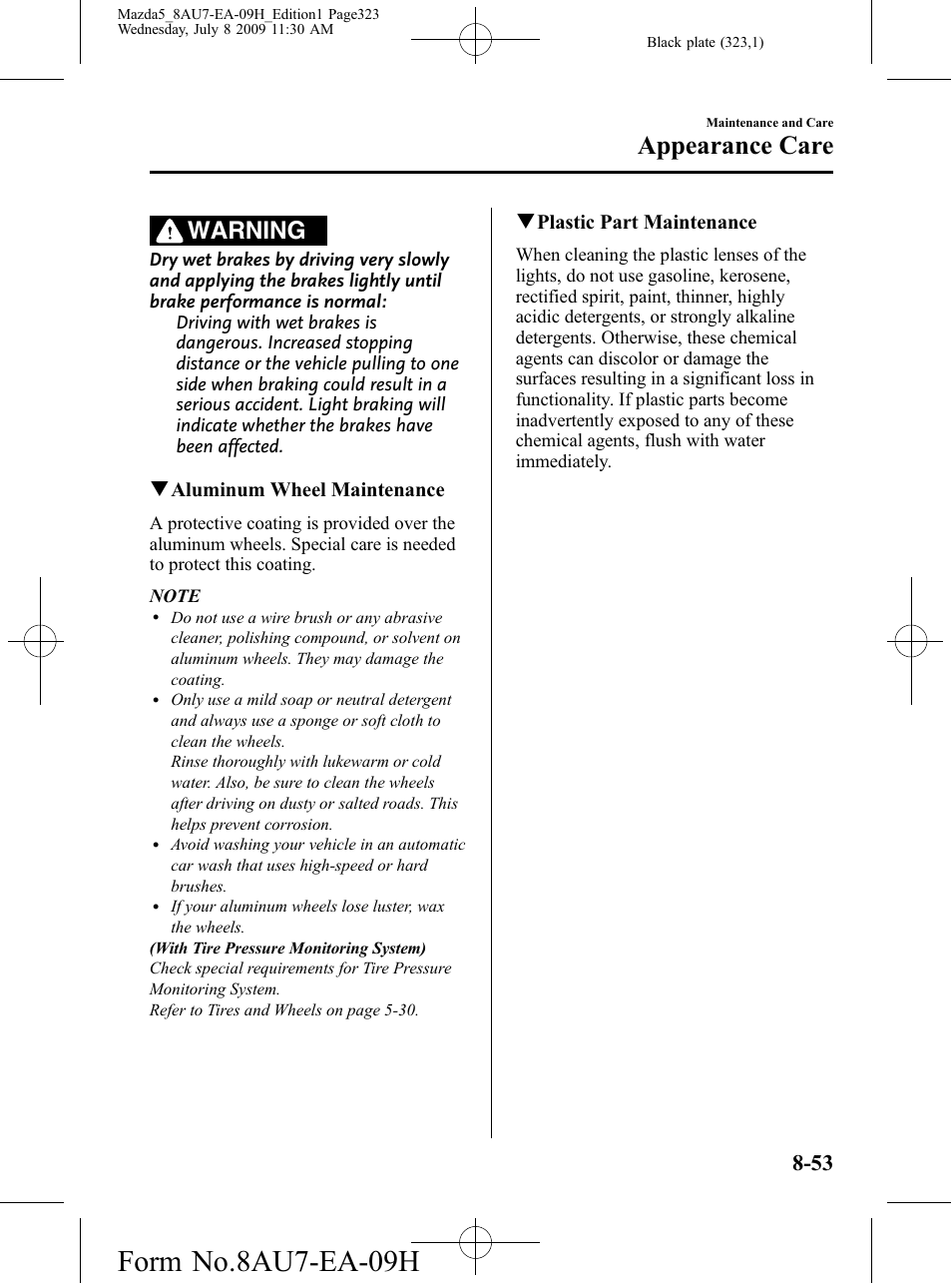 Form no.8au7-ea-09h, Appearance care, Warning | Mazda 2010 5 User Manual | Page 323 / 388