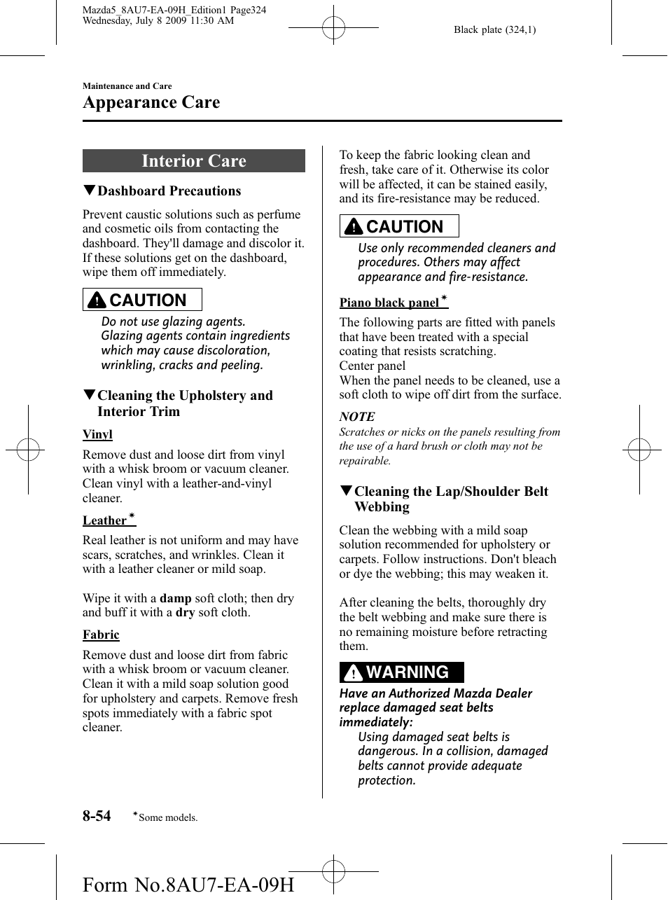 Interior care, Interior care -54, Form no.8au7-ea-09h | Appearance care, Caution, Warning | Mazda 2010 5 User Manual | Page 324 / 388