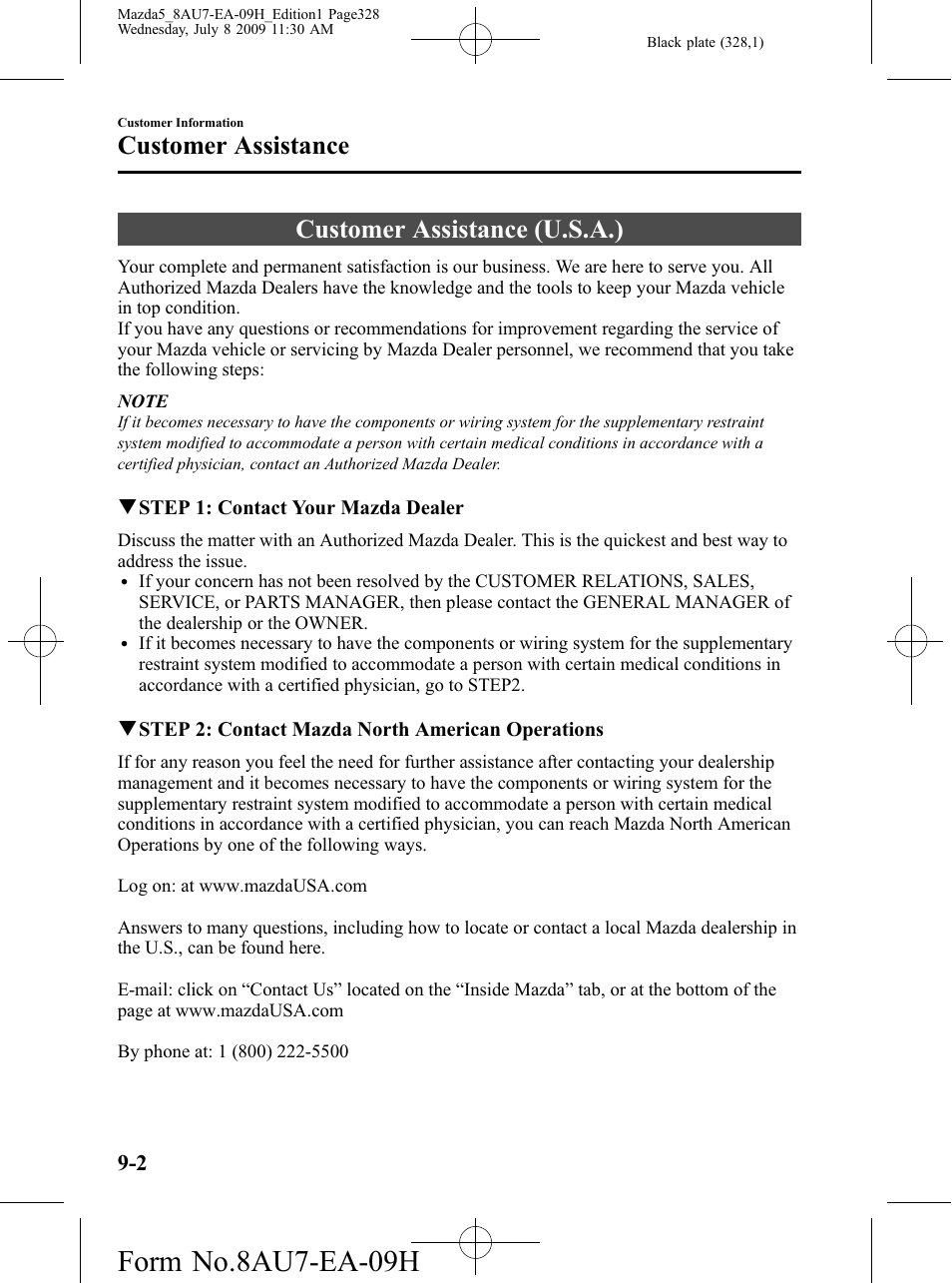 Customer assistance, Customer assistance (u.s.a.), Customer assistance -2 | Customer assistance (u.s.a.) -2, Form no.8au7-ea-09h | Mazda 2010 5 User Manual | Page 328 / 388