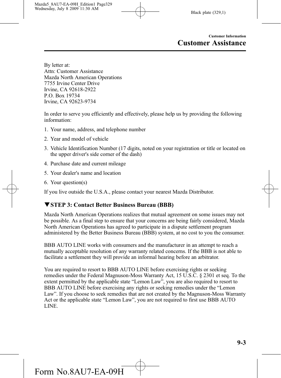 Form no.8au7-ea-09h, Customer assistance | Mazda 2010 5 User Manual | Page 329 / 388