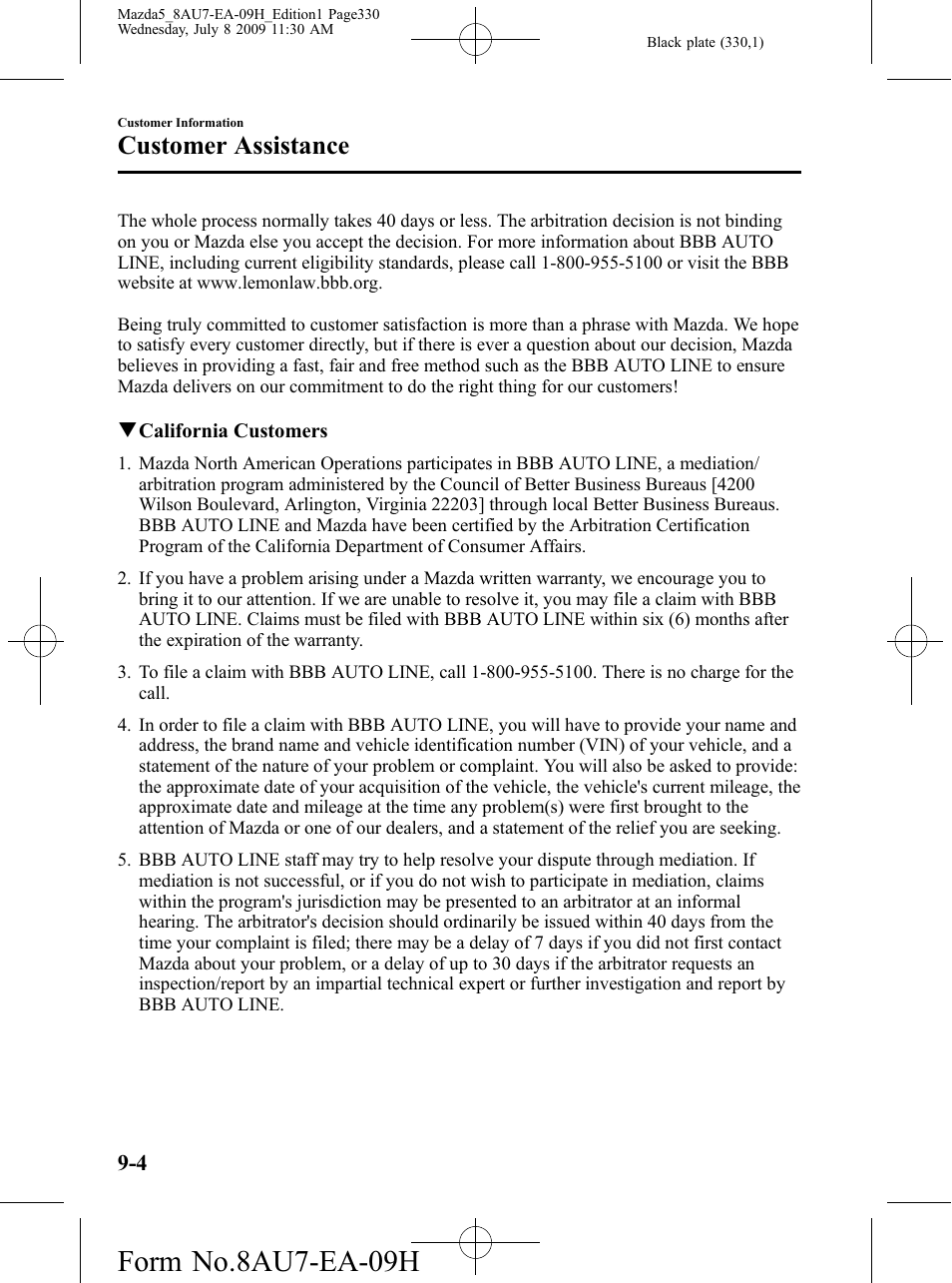 Form no.8au7-ea-09h, Customer assistance | Mazda 2010 5 User Manual | Page 330 / 388