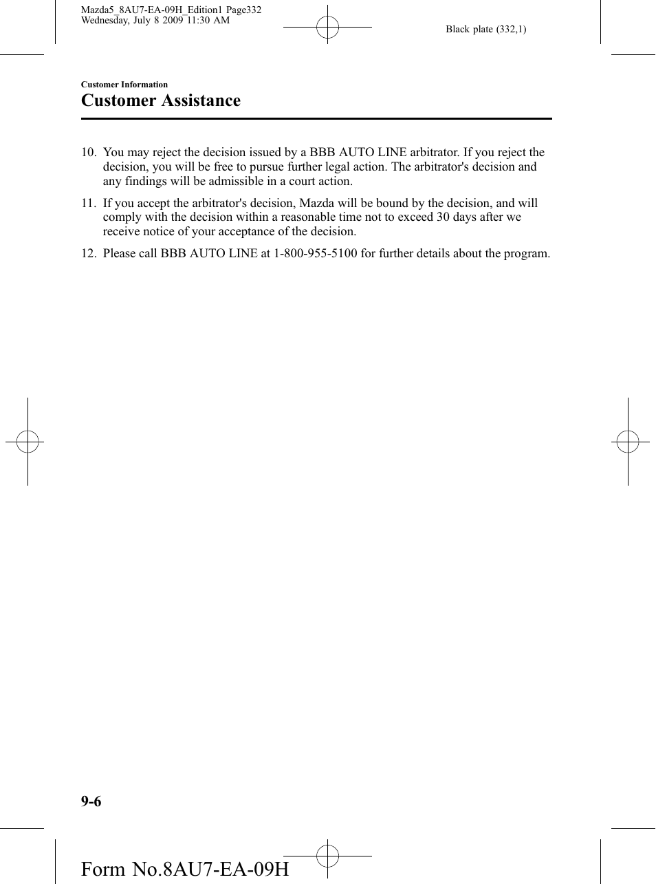 Form no.8au7-ea-09h, Customer assistance | Mazda 2010 5 User Manual | Page 332 / 388
