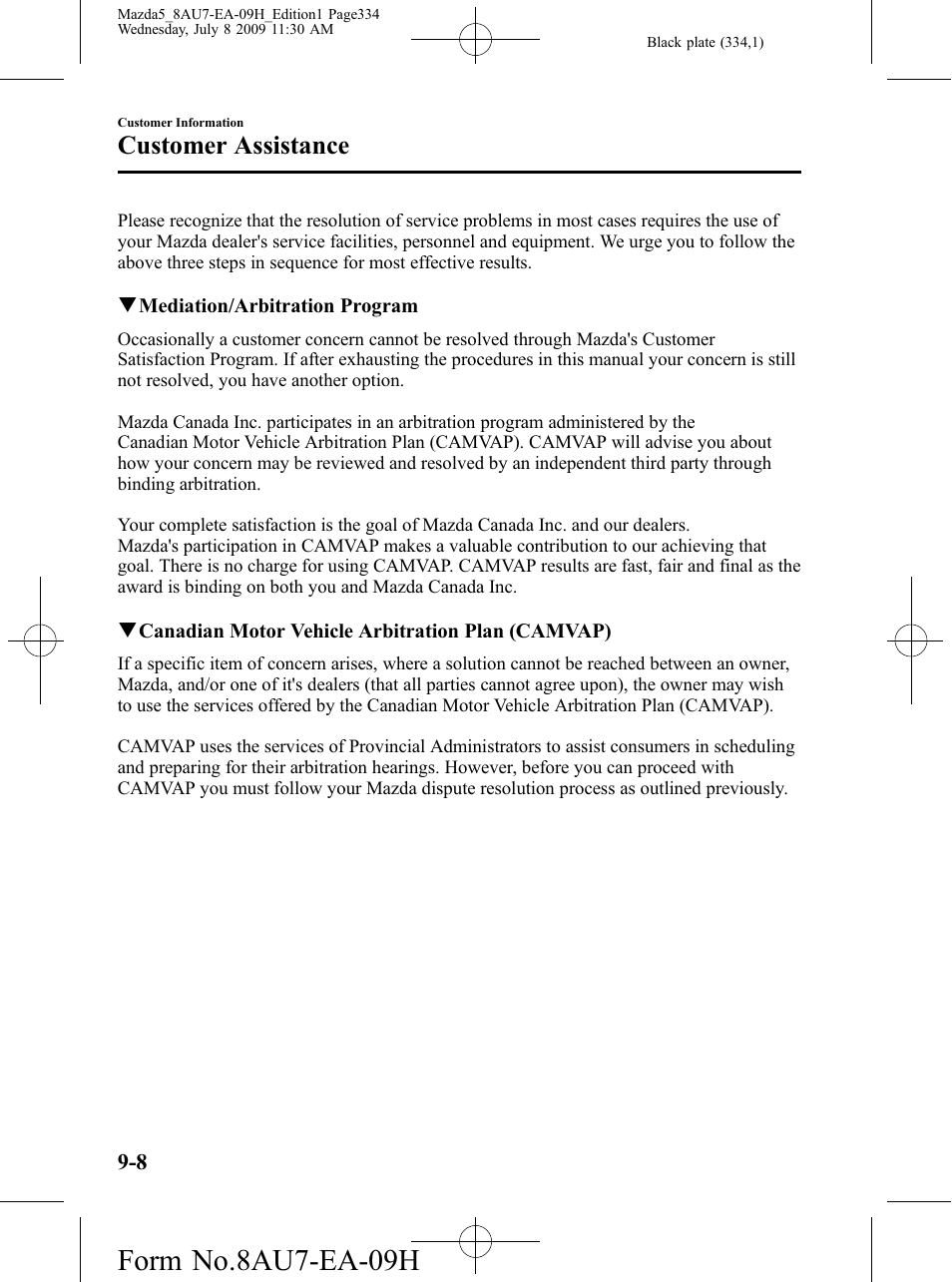 Form no.8au7-ea-09h, Customer assistance | Mazda 2010 5 User Manual | Page 334 / 388