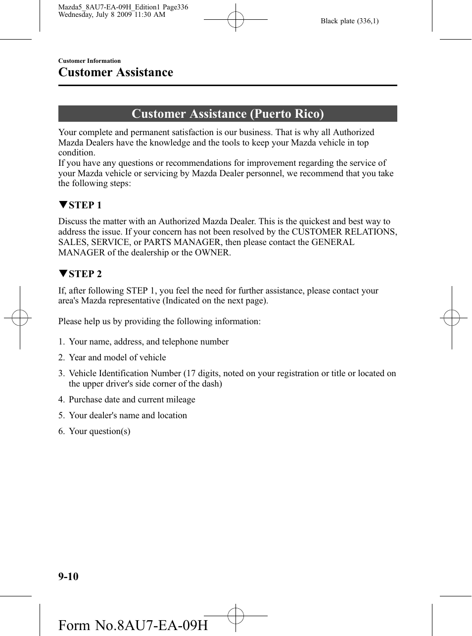 Customer assistance (puerto rico), Customer assistance (puerto rico) -10, Form no.8au7-ea-09h | Customer assistance | Mazda 2010 5 User Manual | Page 336 / 388