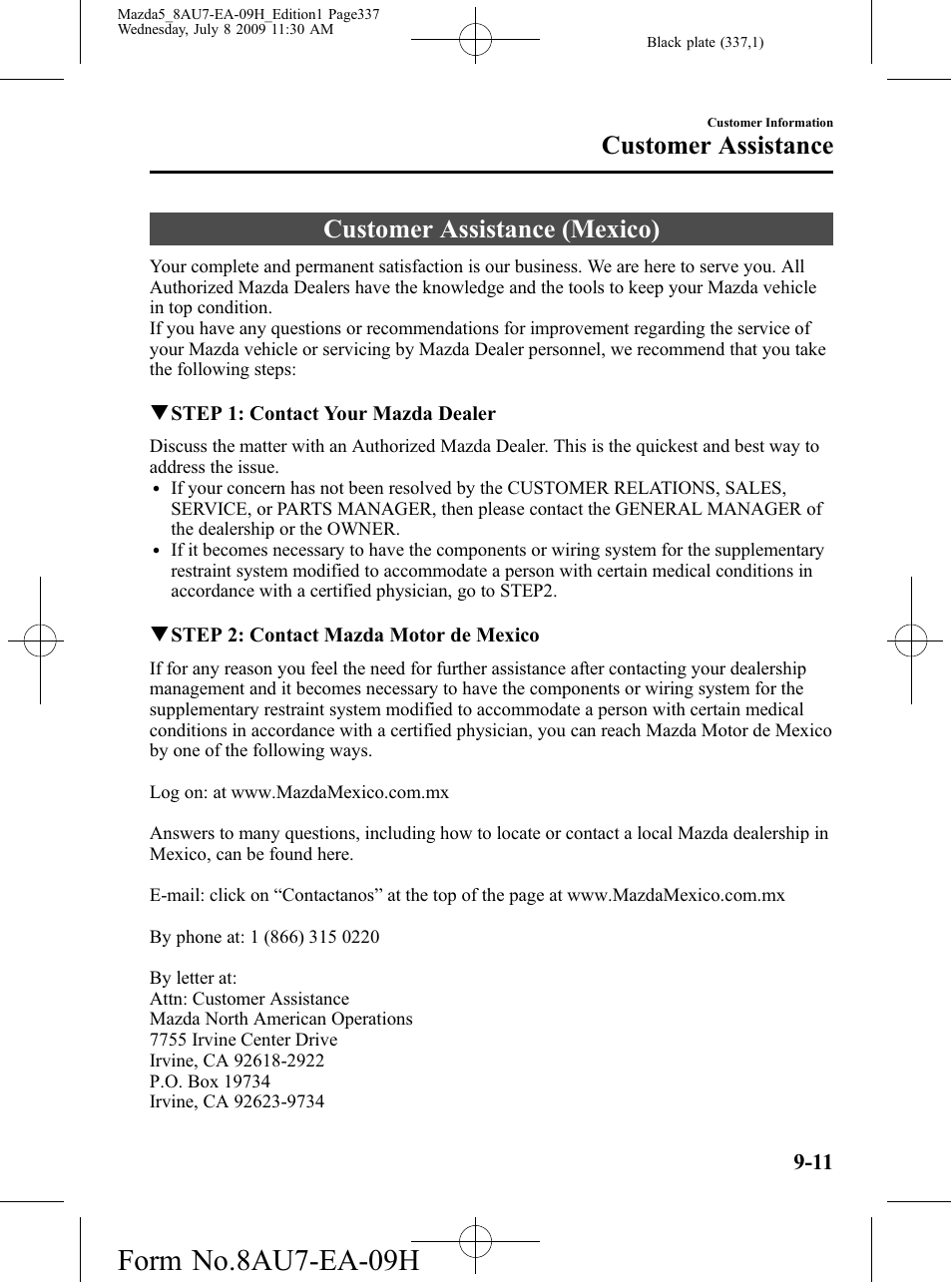 Customer assistance (mexico), Customer assistance (mexico) -11, Form no.8au7-ea-09h | Customer assistance | Mazda 2010 5 User Manual | Page 337 / 388