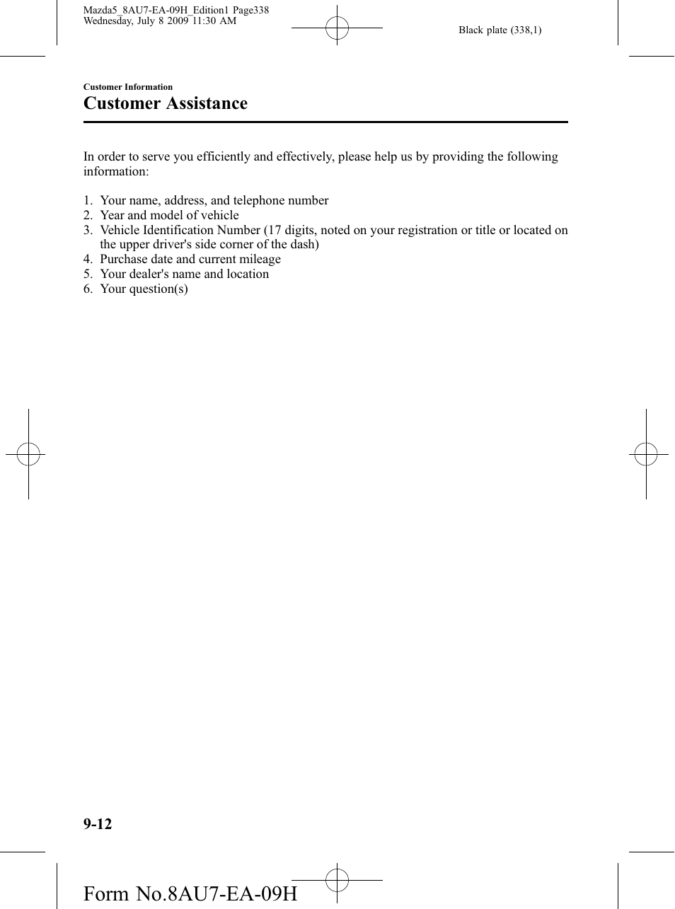 Form no.8au7-ea-09h, Customer assistance | Mazda 2010 5 User Manual | Page 338 / 388