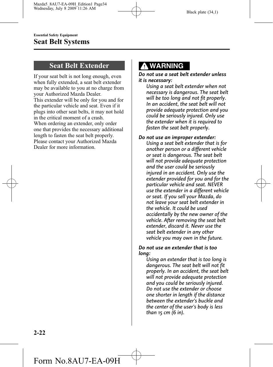 Seat belt extender, Seat belt extender -22, Form no.8au7-ea-09h | Seat belt systems, Warning | Mazda 2010 5 User Manual | Page 34 / 388