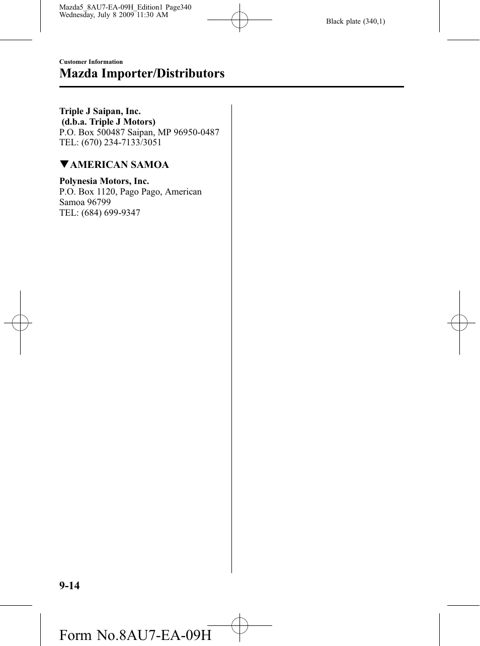 Form no.8au7-ea-09h, Mazda importer/distributors | Mazda 2010 5 User Manual | Page 340 / 388