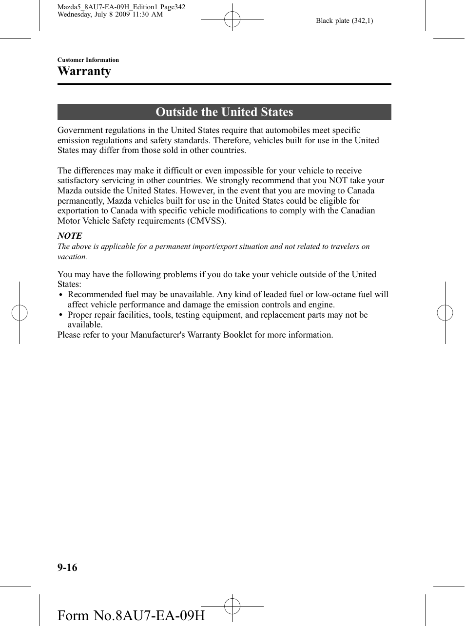 Outside the united states, Outside the united states -16, Form no.8au7-ea-09h | Warranty | Mazda 2010 5 User Manual | Page 342 / 388