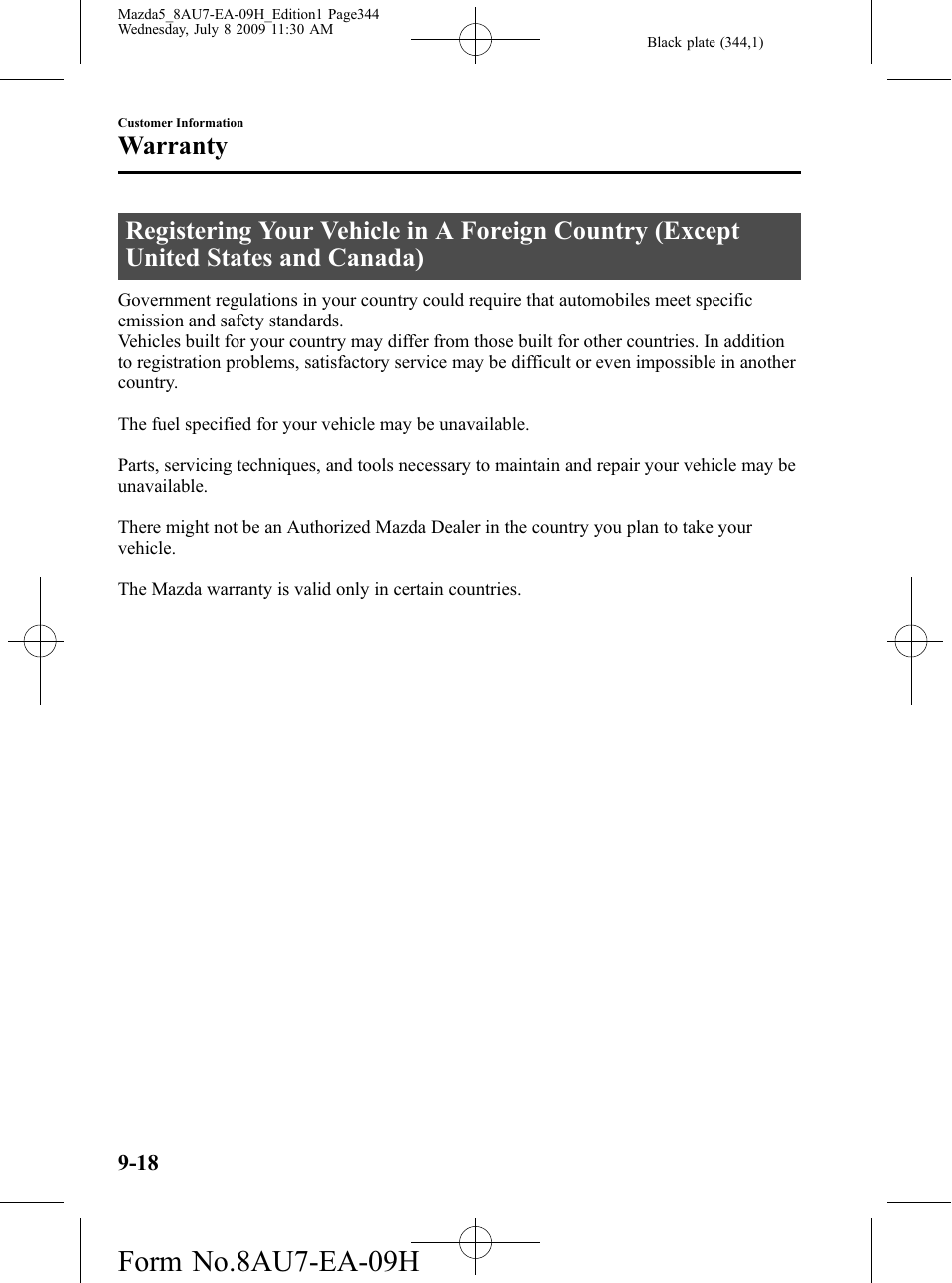 Form no.8au7-ea-09h, Warranty | Mazda 2010 5 User Manual | Page 344 / 388