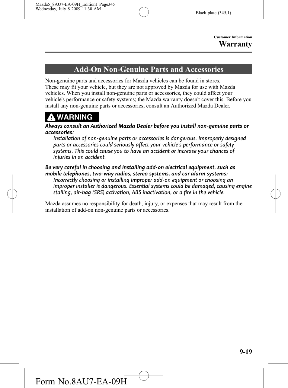 Add-on non-genuine parts and accessories, Add-on non-genuine parts and accessories -19, Form no.8au7-ea-09h | Warranty, Warning | Mazda 2010 5 User Manual | Page 345 / 388