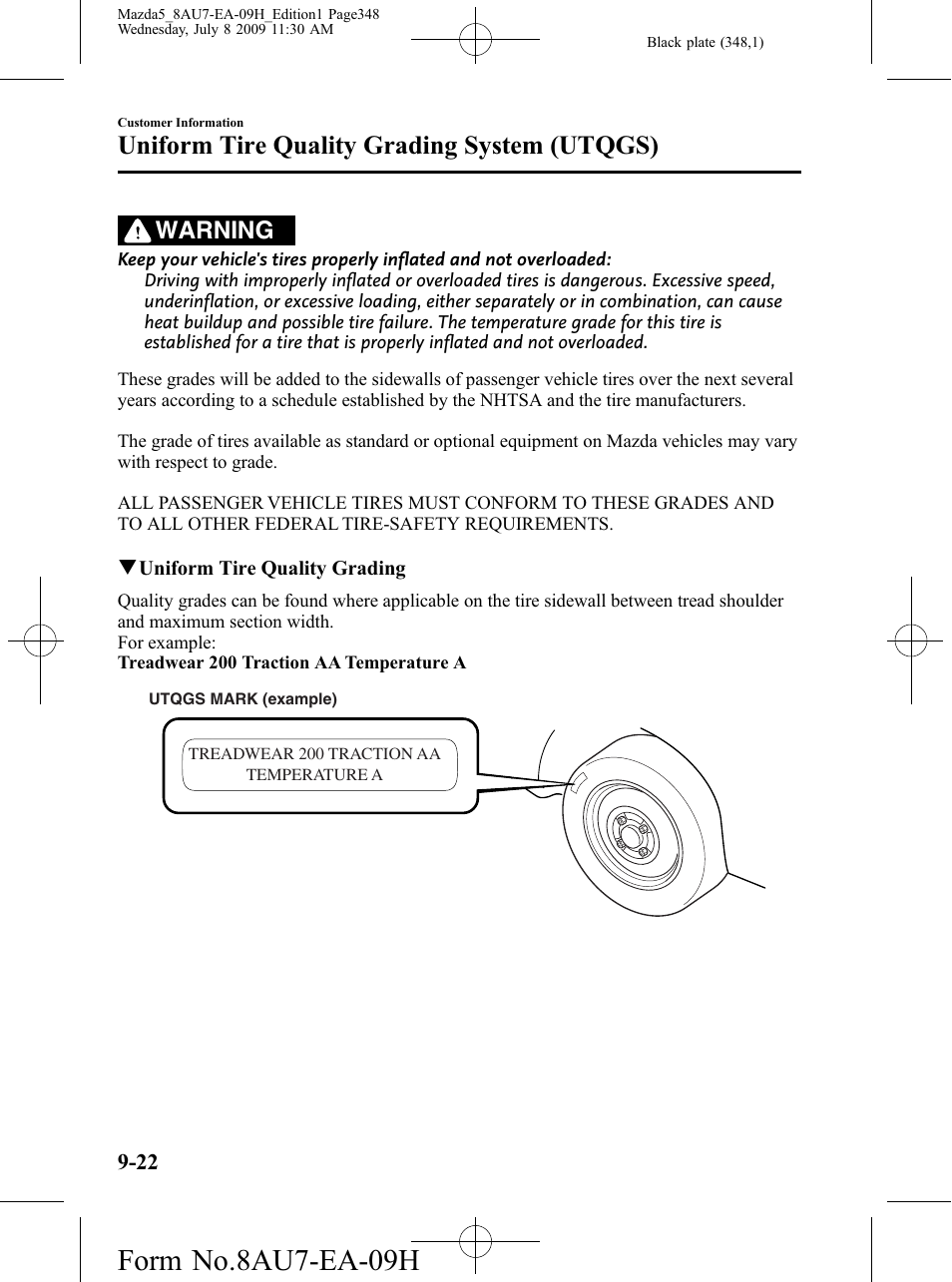 Form no.8au7-ea-09h, Uniform tire quality grading system (utqgs), Warning | Mazda 2010 5 User Manual | Page 348 / 388