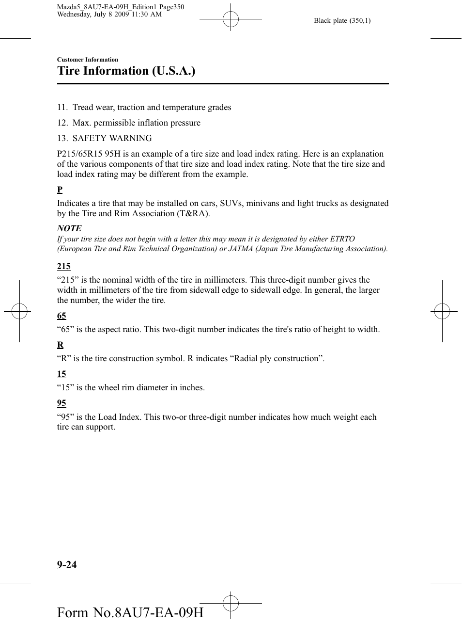 Form no.8au7-ea-09h, Tire information (u.s.a.) | Mazda 2010 5 User Manual | Page 350 / 388