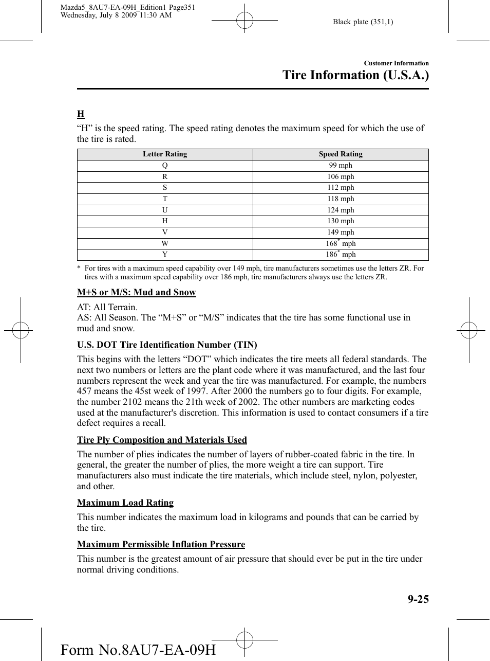 Form no.8au7-ea-09h, Tire information (u.s.a.) | Mazda 2010 5 User Manual | Page 351 / 388