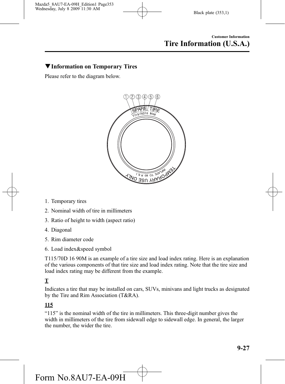 Form no.8au7-ea-09h, Tire information (u.s.a.) | Mazda 2010 5 User Manual | Page 353 / 388
