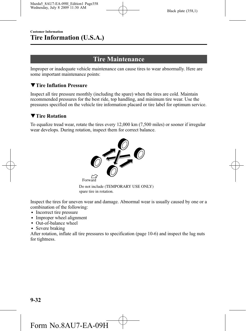 Tire maintenance, Tire maintenance -32, Form no.8au7-ea-09h | Tire information (u.s.a.) | Mazda 2010 5 User Manual | Page 358 / 388