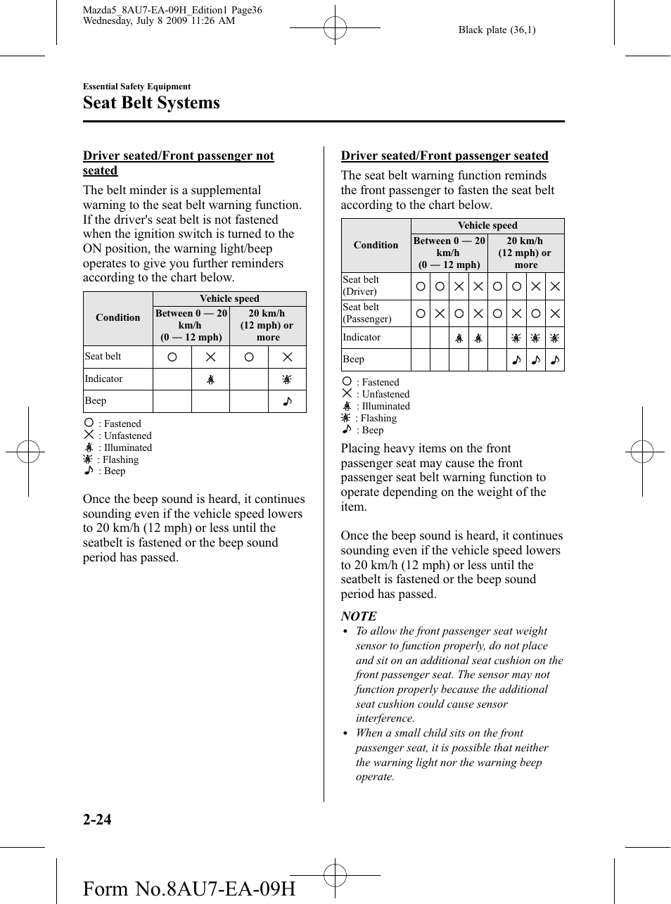 Form no.8au7-ea-09h, Seat belt systems | Mazda 2010 5 User Manual | Page 36 / 388