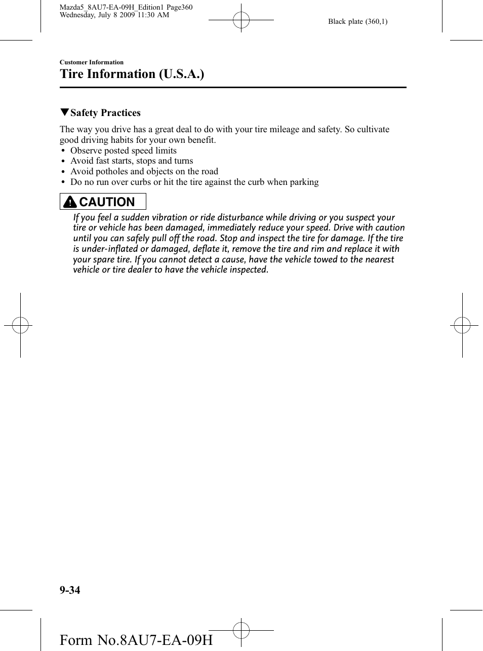 Form no.8au7-ea-09h, Tire information (u.s.a.), Caution | Mazda 2010 5 User Manual | Page 360 / 388