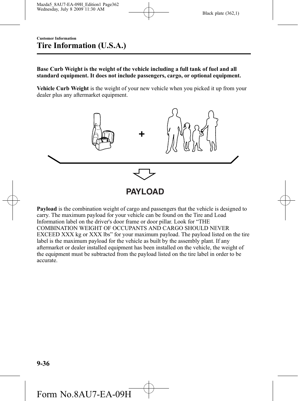 Form no.8au7-ea-09h, Payload, Tire information (u.s.a.) | Mazda 2010 5 User Manual | Page 362 / 388
